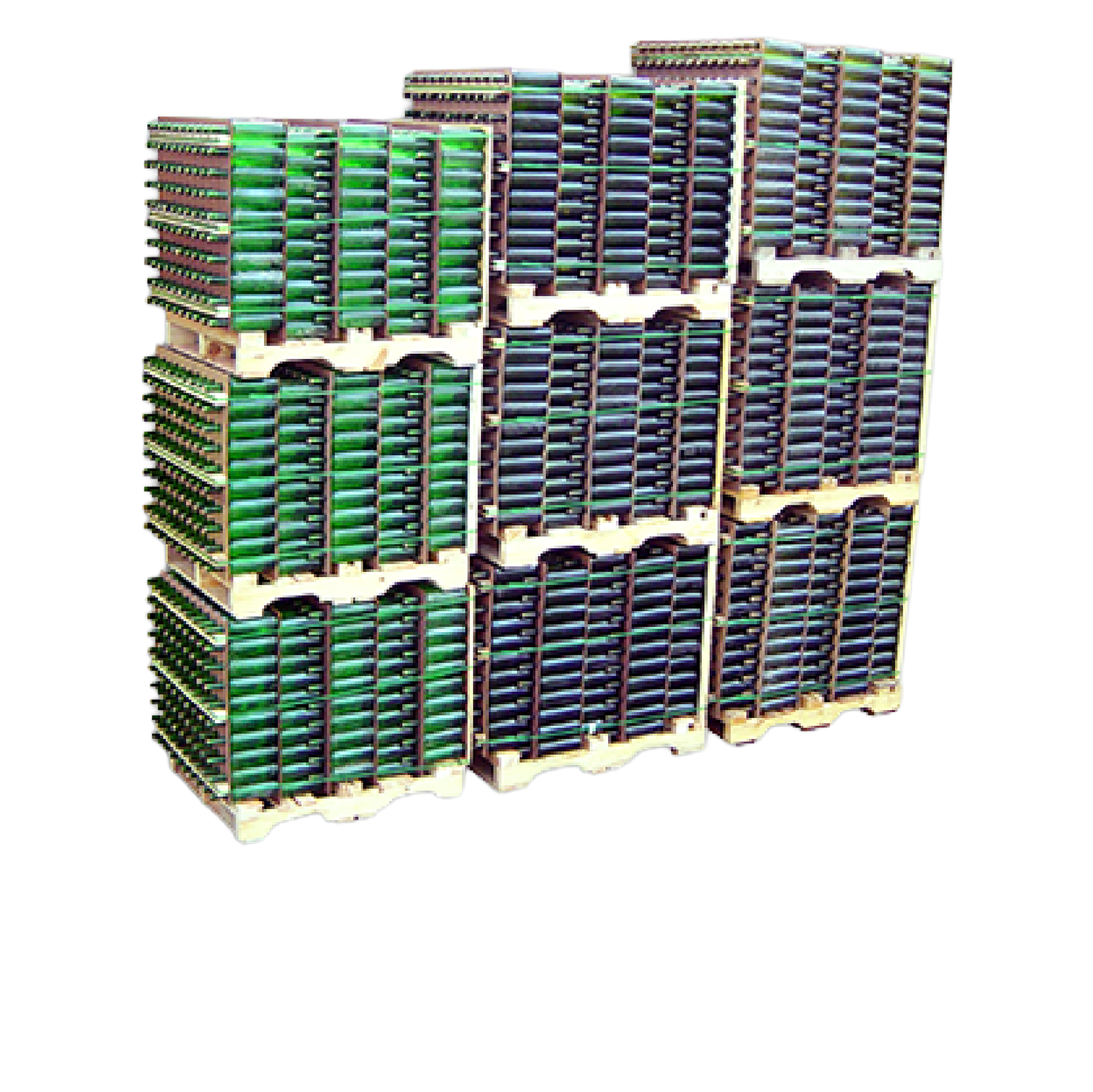 Packs para bodegas apilables con botellas de vino en palets de madera para transporte y almacenaje