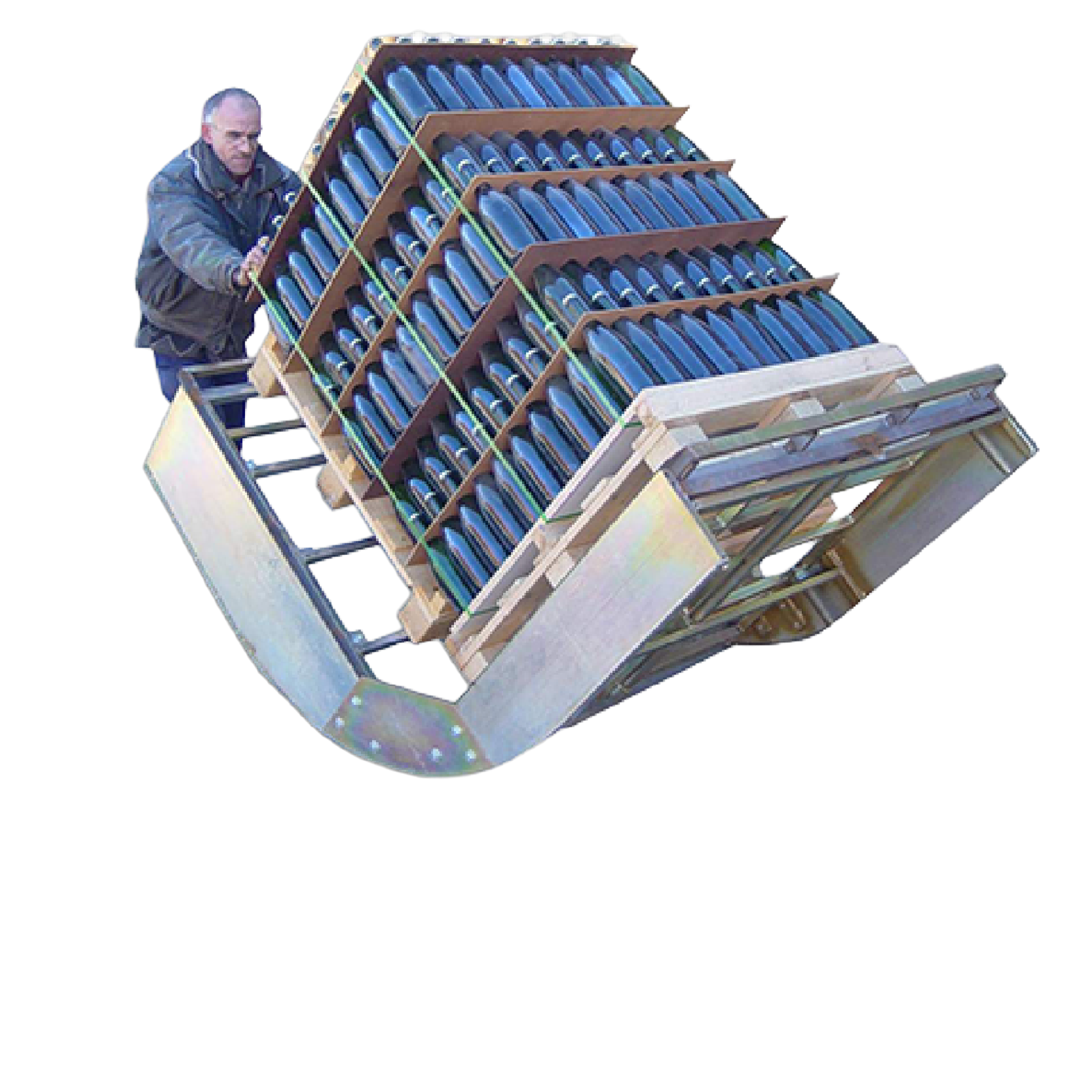 Sistema de packs para bodegas con inclinación para manipulación de botellas de vino en palet