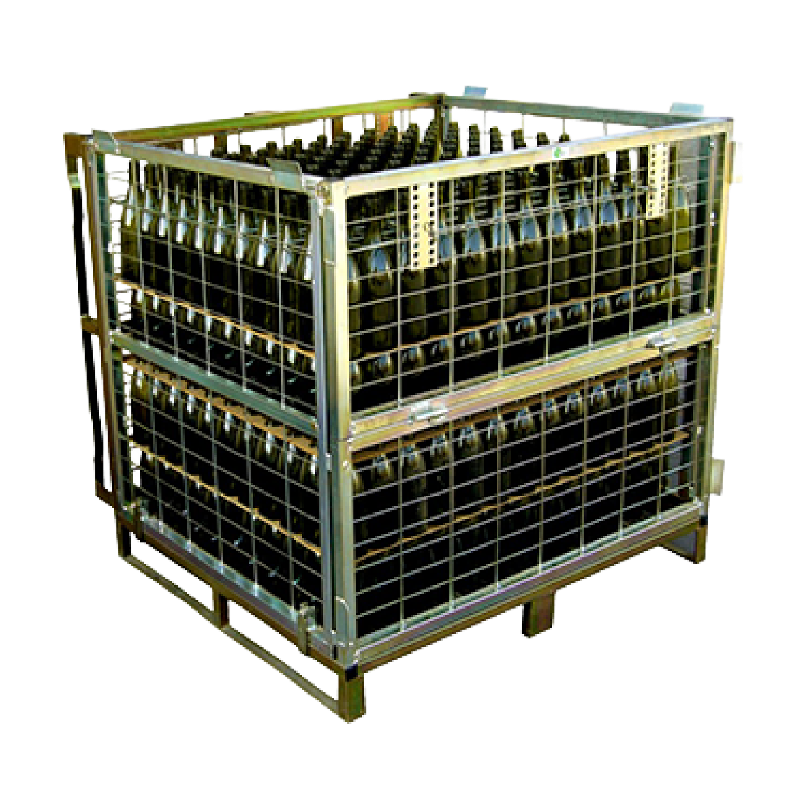 Jaula metálica para bodegas con botellas de vino almacenadas de forma segura
