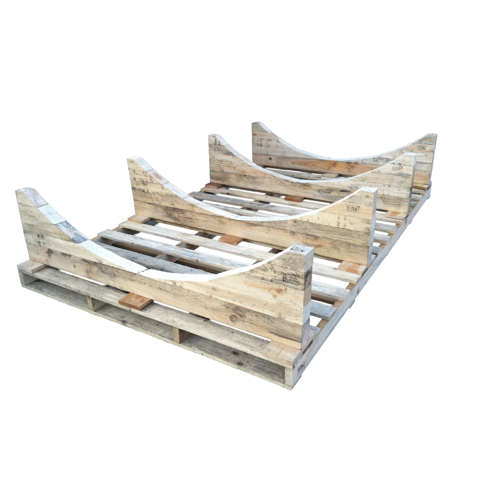 Palet a medida industrial con soportes curvos para carga especial