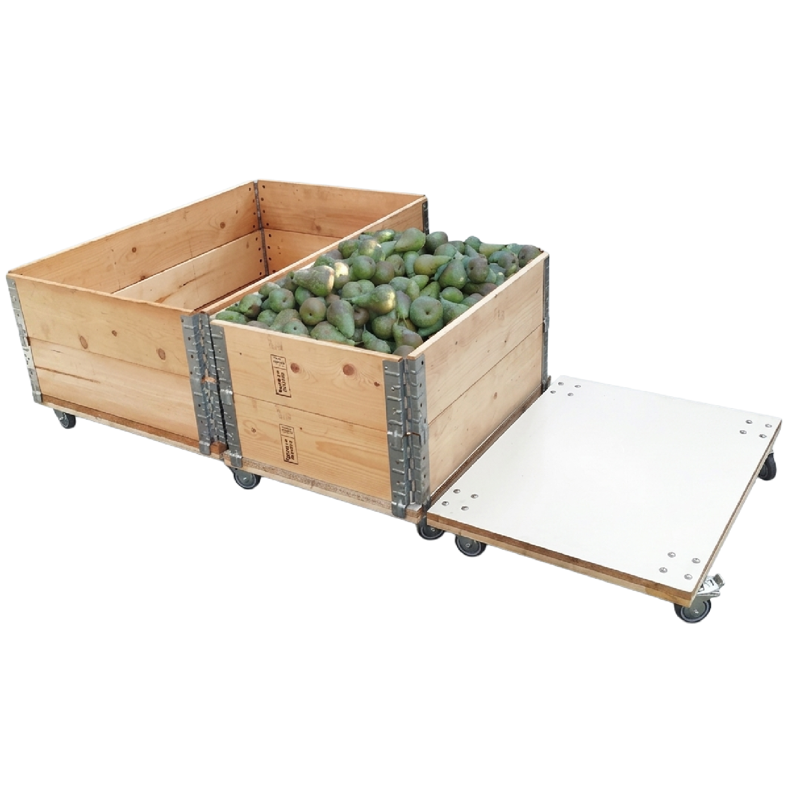 Collars de madera para palets con ruedas y mercancía en su interior