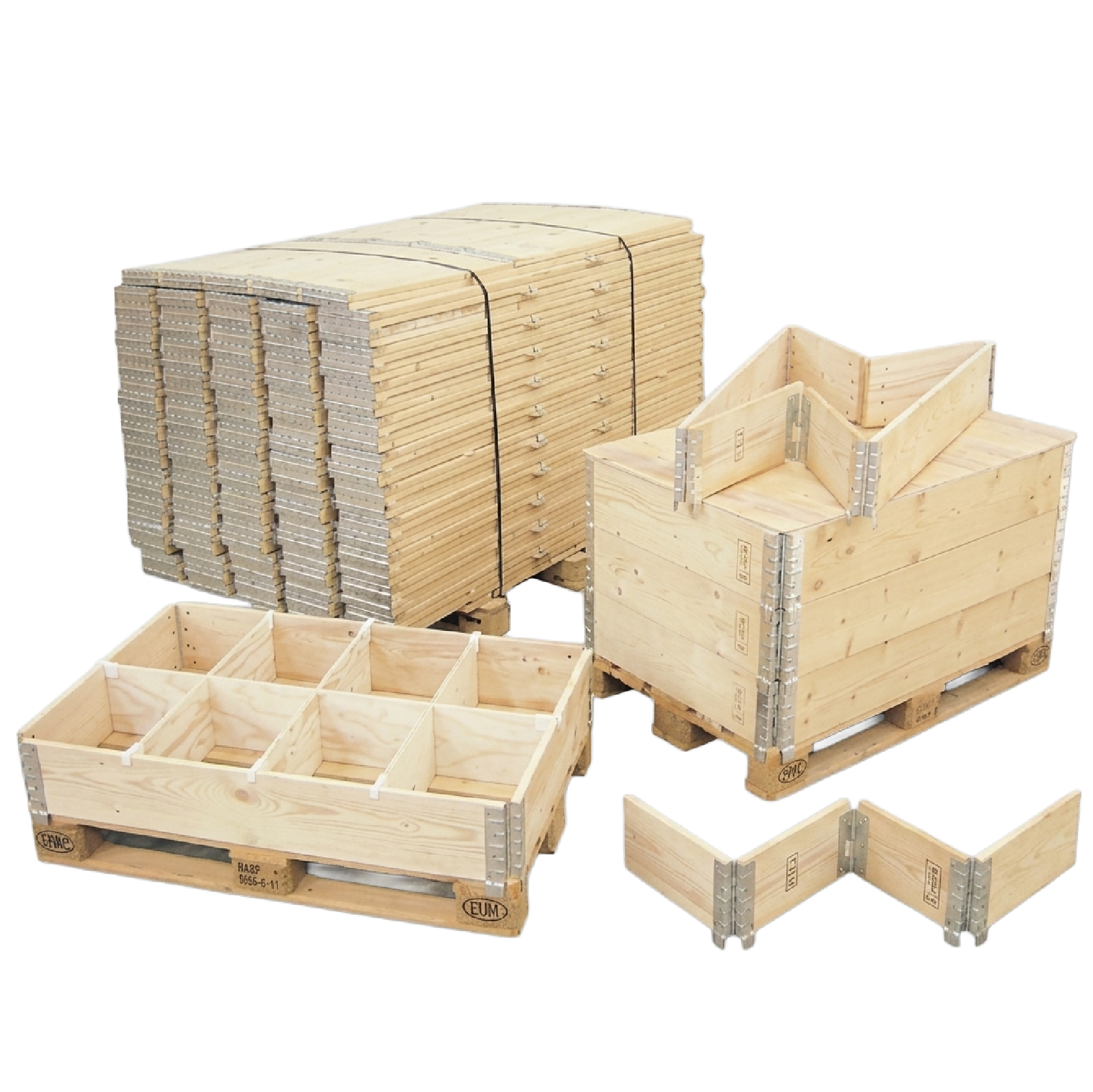 Collars de madera plegables para palets con diferentes configuraciones de almacenamiento